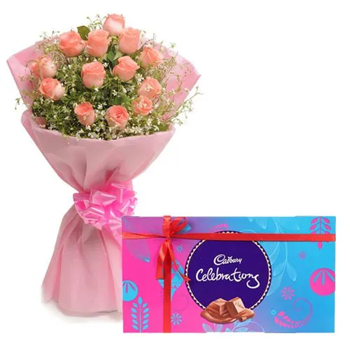 Sending Cadbury Celebrations with Pink Rose Bouquet