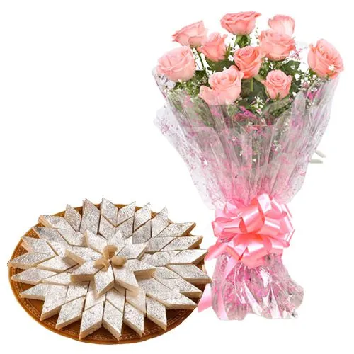 Order Online Kaju Katli with Pink Roses Bunch
