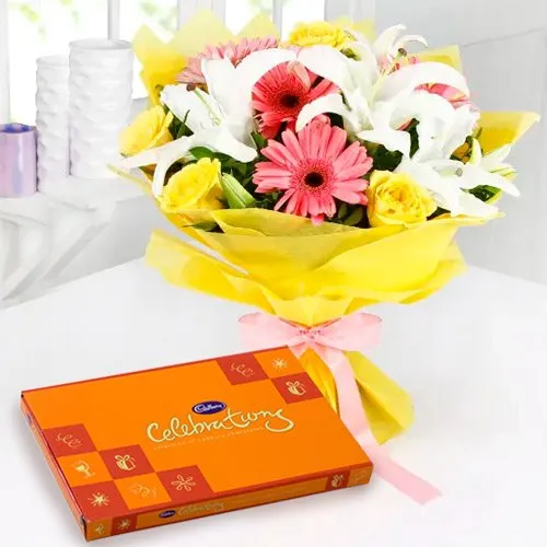 Send Mixed Flowers Bouquet with Cadbury Celebrations