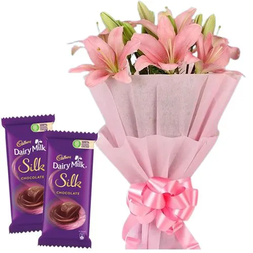 Shop for Pink Lilies Bouquet and Cadbury Dairy Milk Silk