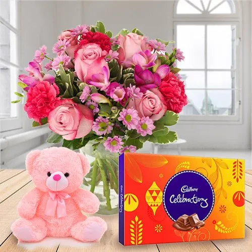Order Mixed Flowers with Cadbury Celebrations and Teddy