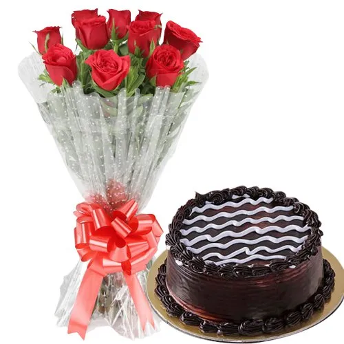 Sending Black Forest Cake with Red Roses Bouquet