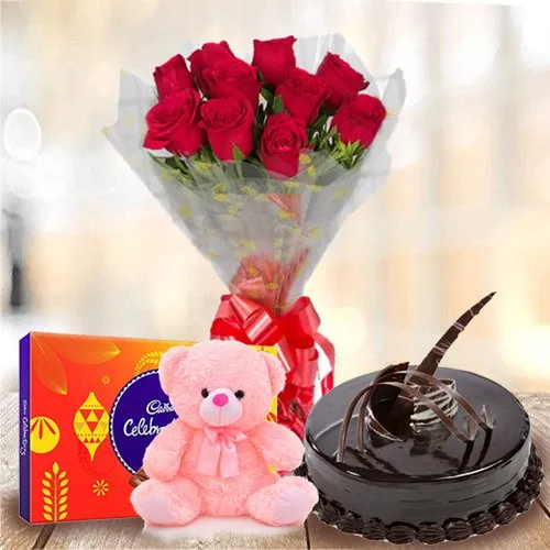 Shop Chocolate Cake with Red Roses, Teddy and Cadbury Celebrations