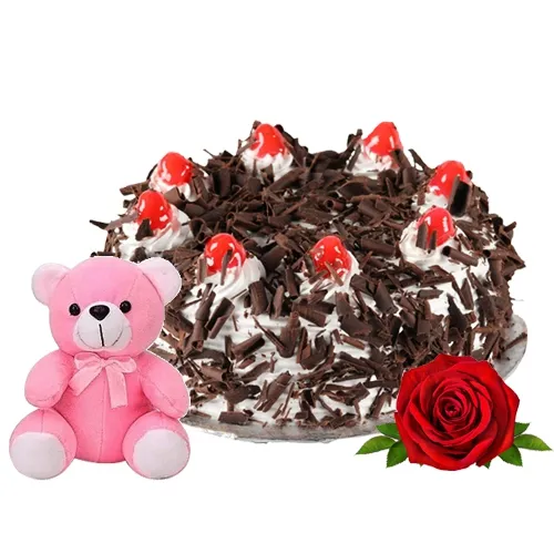 Online Black Forest Cake with Red Rose N Teddy