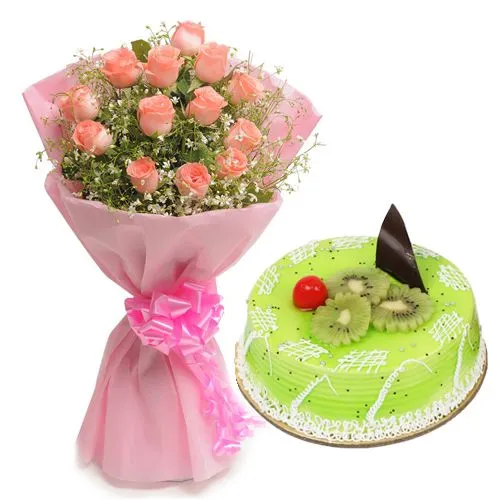 Order Red Roses Bouquet N Kiwi Cake