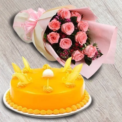 Buy Pink Rose Bouquet with Mango Cake
