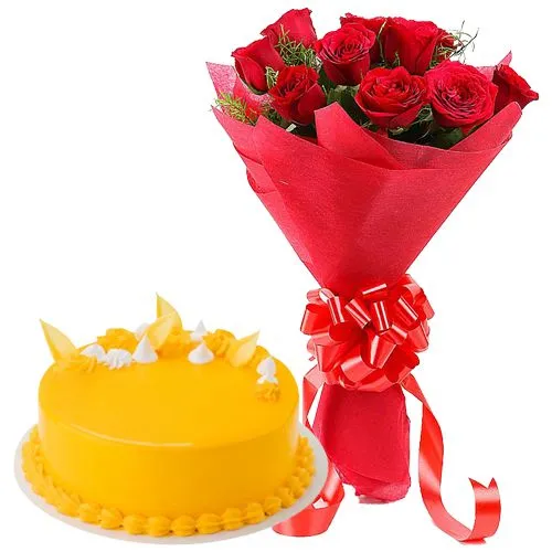 Buy Mango Flavour Cake N Red Roses Bouquet