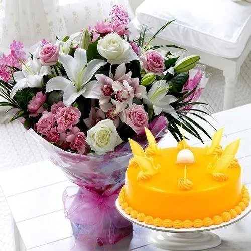 Shop Mixed Flowers Bouquet with Mango Cake