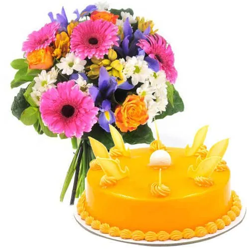 Shop Mango Flavour Cake N Mixed Flowers Bouquet