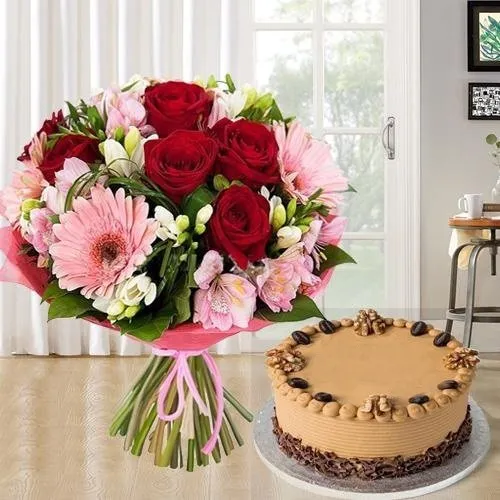 Buy Mixed Flowers Bouquet N Coffee Cake Combo