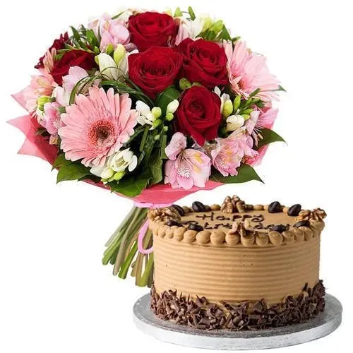 Send Mixed Flowers Bouquet N Coffee Cake
