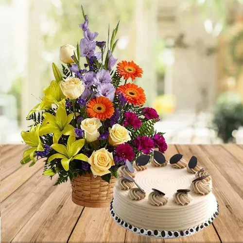 Online Mixed Flowers Arrangement N Coffee Cake