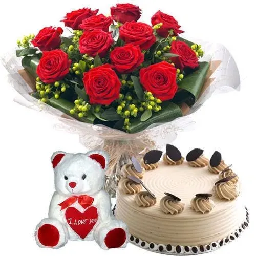 Online Deliver Red Roses with Teddy N Coffee Cake