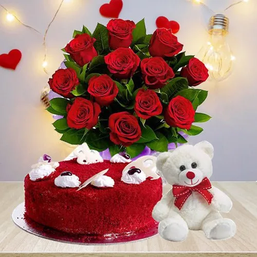Delightful Red Roses Bouquet with Red Velvet Cake N Teddy