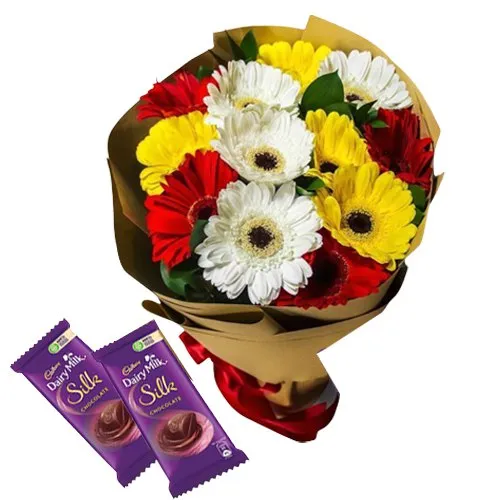 Send Arrangement of Assorted Gerberas with Dairy Milk Silk