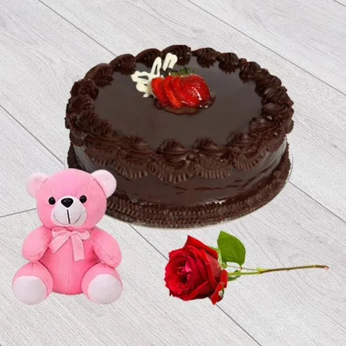 Sending Chocolate Cake with Teddy N Red Rose