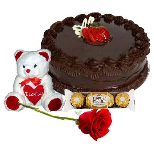 Shop for Chocolate Cake with Teddy, Red Rose N Ferrero Rocher