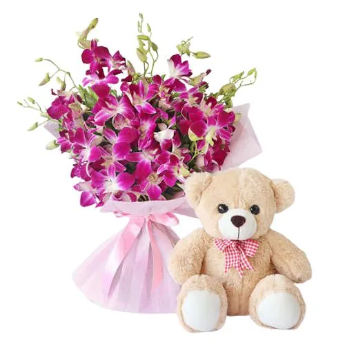 Send Online Orchids Bunch with Teddy