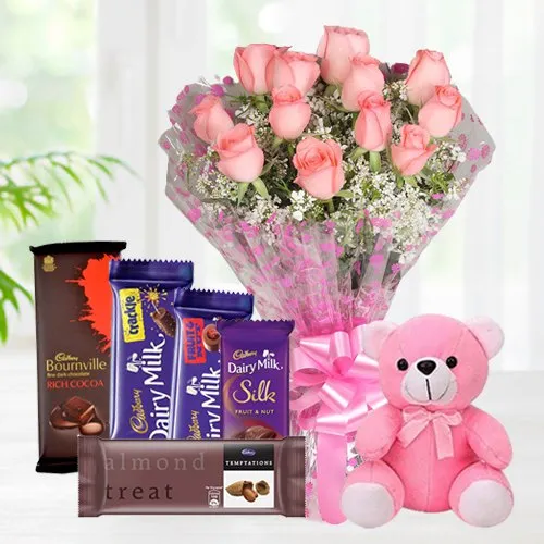 Send Bouquet of Pink Roses with Teddy N Assorted Cadbury Chocolates