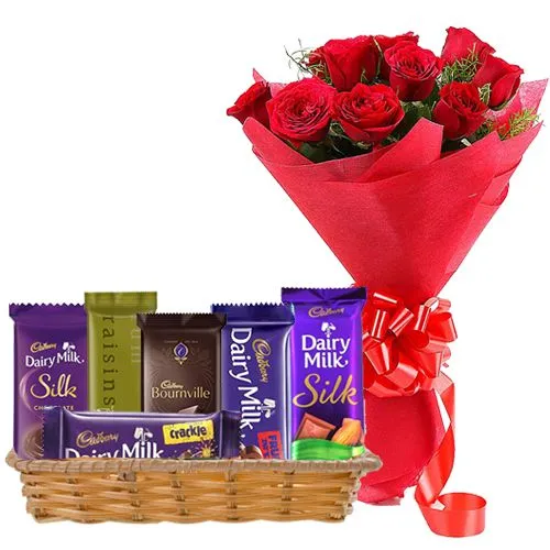 Shop for Gift Basket of Cadbury Chocolates with Red Roses Bunch