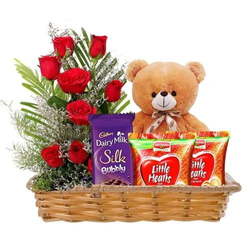 Sending Basket of Love Gifts N Red Roses
