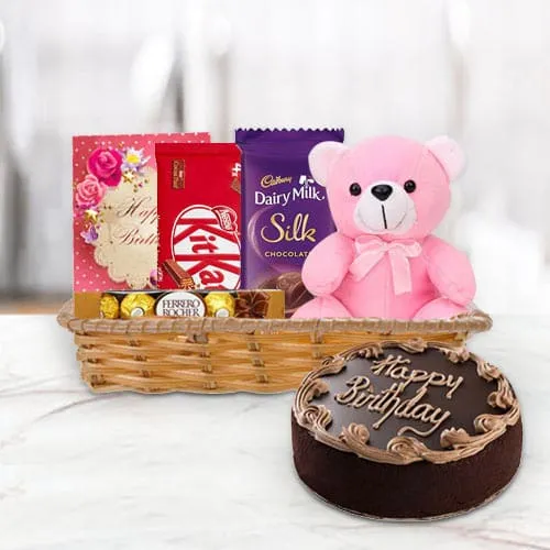 Sending Basket of Birthday Gifts N Chocolate Cake