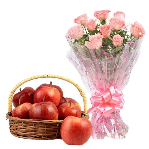 Order Apples in Basket with Pink Rose Bouquet