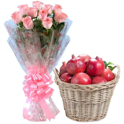 Order Pink Roses Bouquet with Pomegranates in Basket