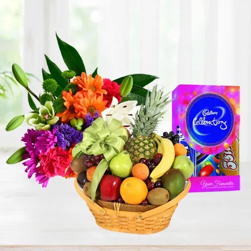 Shop for Chocolate Pack with Fruits Basket and Floral Bouquet