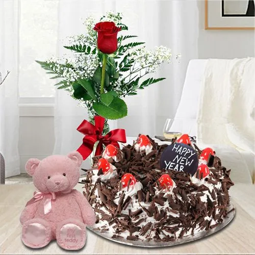 Single Red Rose with Teddy N Black Forest Cake