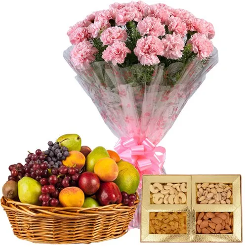 Elegant Pink Carnations Basket with Fresh Fruits Basket and Assorted Dry Fruits
