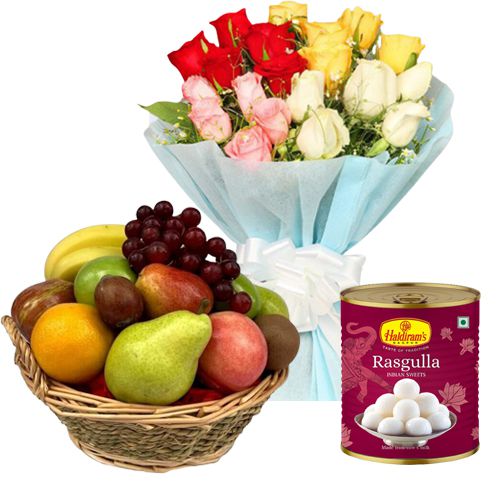 Shop for  Haldirams Rasgulla and Mixed Fruits Basket with Bunch of Roses