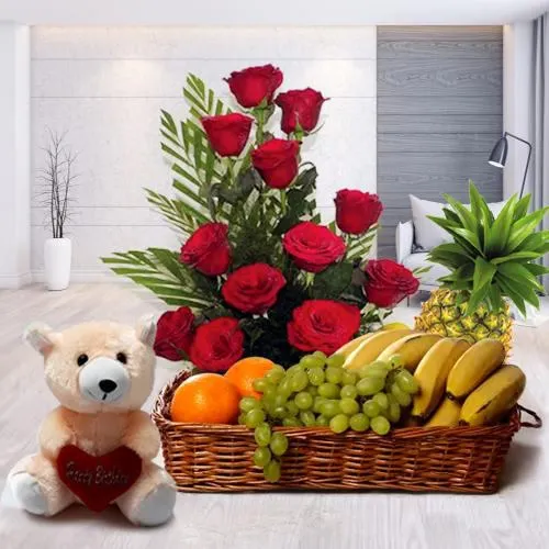 Shop for  Mixed Fruits Basket with Teddy and Roses Arrangement
