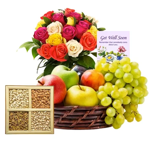 Send Assorted Fruits Basket with Dry Fruits N Flowers Arrangement