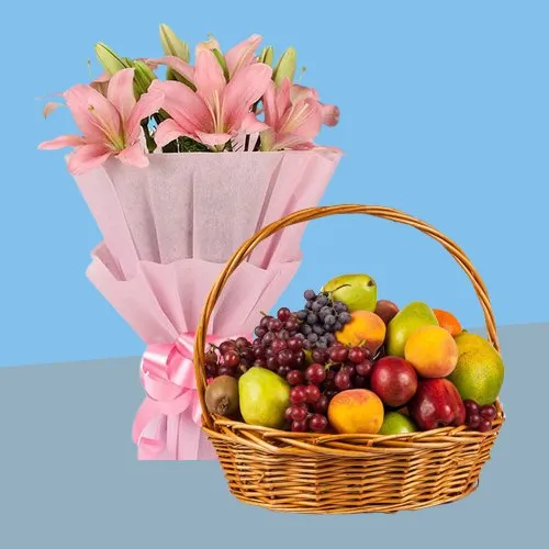 Shop for Lilies Bouquet with Fresh Fruits Baskets