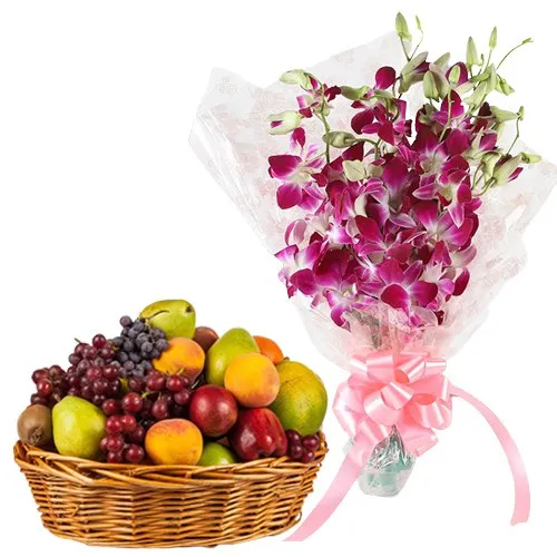 Shop for Fresh Fruits Basket with Orchids Bouquet