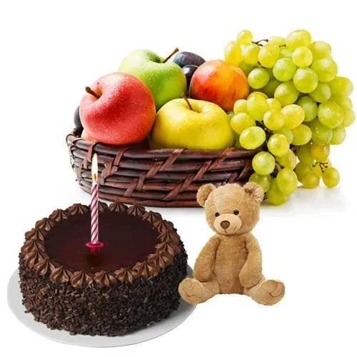 Buy Chocolate Cake with Fruits Basket, Teddy and Candles