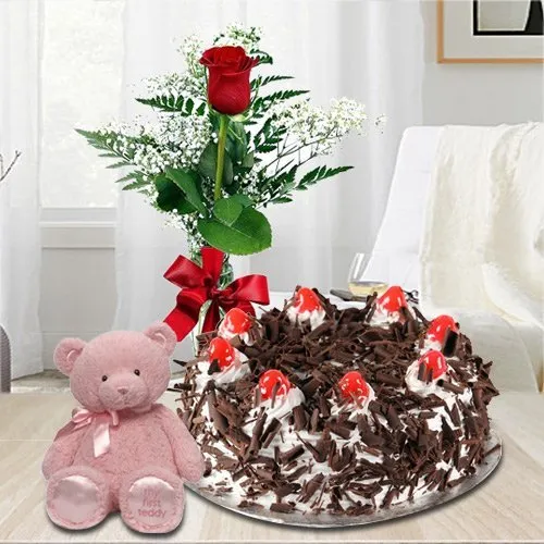 Send Online Black Forest Cake with Rose N Teddy