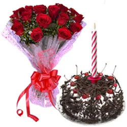 Send Roses Bouquet with Black Forest Cake and Candles