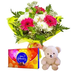 Send Flowers Bouquet with Teddy and Cadbury Celebrations for Midnight Delivery