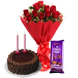 Send Red Roses Bouquet with Cadbury Dairy Milk Silk, Chocolate Cake and Candles