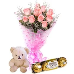 Deliver Pink Roses Bouquet with Ferrero Rocher and Teddy