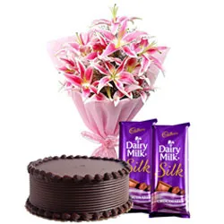 Send Lilies Bouquet with Dairy Milk Silk Chocolates and Chocolate Cake
