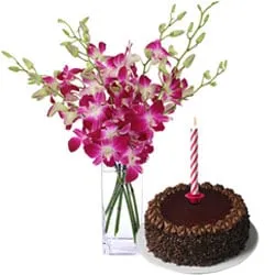 Order Orchids in Vase with Chocolate Cake and Candles