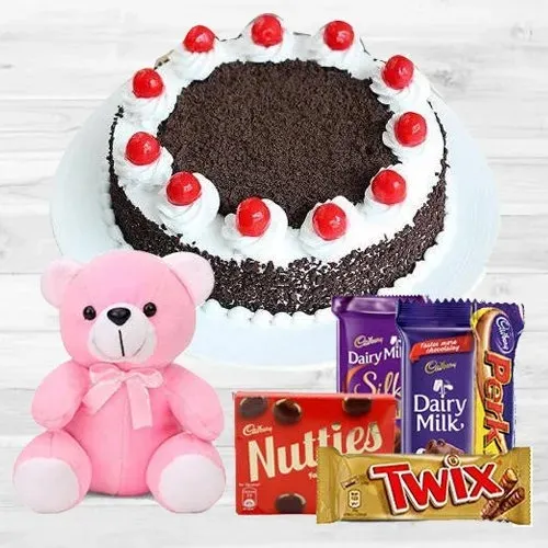 Buy Black Forest Cake, Assorted Cabdury Chocolates n Teddy Online