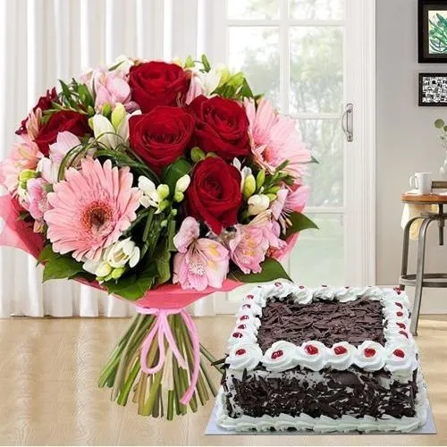 Send Mixed fresh Seasonal Flowers with Black Forest Cake