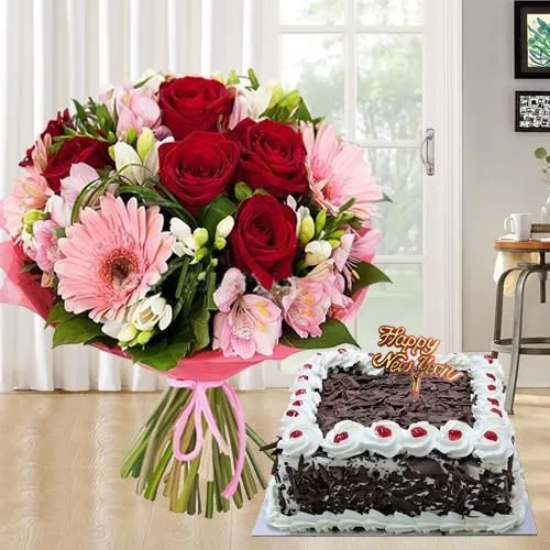 Mixed Flowers Bouquet with Black Forest Cake