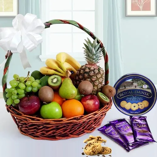 Order Danish Cookies N Chocolate Gift Basket with Fruits