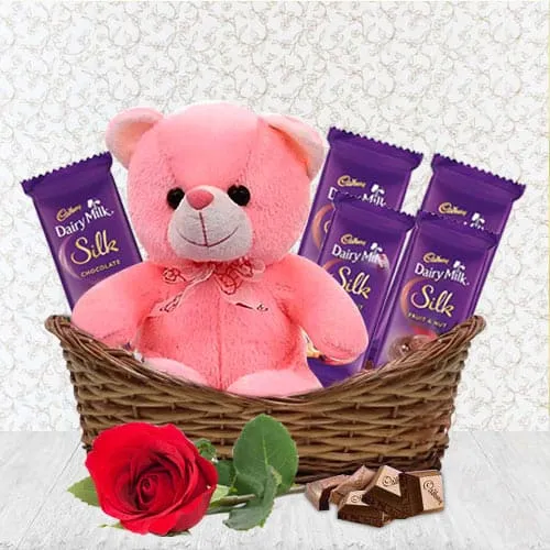 Send Basket of Cadbury Dairy Milk Silk with Single Red Rose N Teddy
