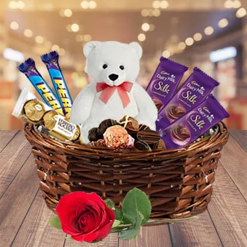 Deliver Chocolaty Gift Basket with Single Red Rose